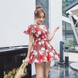 Spring Swimsuit One Piece Women Backless Cover Belly Thin Korean Style Floral Print Bathing Suit255P