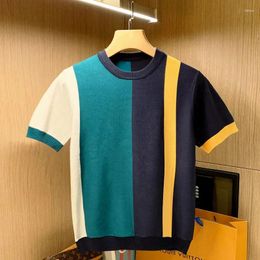 Men's T Shirts Summer Men Clothing 2023 Short Sleeve All Match Slim Fit Stretched Shirt Male Casual Patchwork Striped Knitted