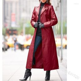 Women's Leather Windbreaker Jacket Women Autumn Winter Solid Color Faux Long Slim Wind Coat Outerwear Black Trench