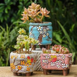 Planters Pots Meat Plant Thick Ceramic Flowerpot Breathable Korean Hand-painted Belt Foot Pendant Old Pile Vintage Personality Flower Ware YQ231117