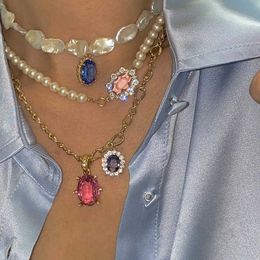 Pendant Necklaces Korean Charms Rainbow Crystal Necklace For Women Metal Vintage Y2K Choker Necklace Gossip Girls 90s Style Aesthetics Friends Z0417