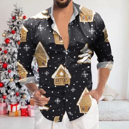 Men's T Shirts Mens Fashion Christmas Digital 3D Printing Holiday Lapel Button Long Sleeve Shirt