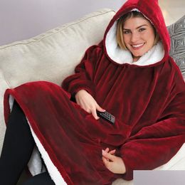 Blankets Hoodie Outdoor Winter Hooded Coats Warm Slant Robe Bathrobe Sweatshirt Fleece Plover Blanket For Men Women Drop Delivery Ho Dhnbj