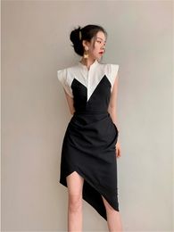 Womens casual dresses stand collar retro colo block sleeveless asymmetric shirt dress SMLXL