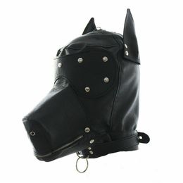 Masquerade Costume Dog Puppy Head Mask with Collar Full Face Hood Party Cosplay Mouth Gag Choker Zipped Muzzel Set256J