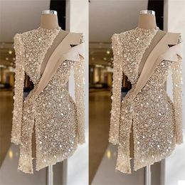 Champagne Short Prom Dress 2024 Luxury Sequins Beads High Neck Long Sleeves Women Evening Formal Party Gowns Robe De Soiree Custom Made
