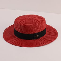 Classic Bee Straw Hat Retro Golden Woven Bowler Hat Female Wide Brim Sun Protection Sunshade Flat-Top Cap