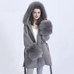 Women's Wool Blends MISSJANEFUR 2023 Winter Coat For Women Cashmere Jackets With Real Fur Hood Cuff Warm Luxury Belted Long Trench 231116