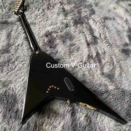 Custom Jack Style V Shape Ebony Fingerboard Active Pickup Single Bridge Pickup Gold Hardware Electric Guitar in Black Glossing