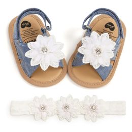 Sandals Summer Infant Baby Girls Flower Sandals Casual Flat Anti-Slip Soft Sole born Prewalker First Walking Shoes With Headband 0-18 230417