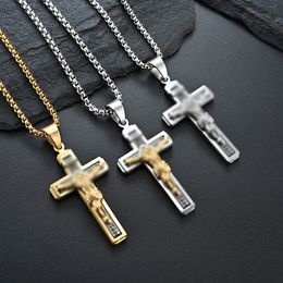 Pendant Necklaces Gold Colour Fish Bone Pattern Cross Necklace Men Women Stainless Steel Crucifix Jesus Link Chain Catholic Jewellery Gift Drop Shipping YMN101