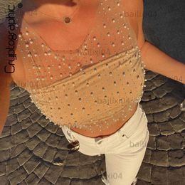Women's Tanks Camis Cryptographic Summer Fashion Beading Tank Top for Women Club Party Sleeveless Sexy Mesh See Through Vest Crop Tops Y2K Fairycore T230417