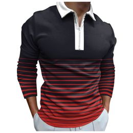 Men's Polos Men Polo Shirts Colour matching men clothing Fashion Loose Lapel Zipper 3D Digital Printing Long Sleeve Top T Shirt Top 230417