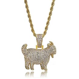 Glänzende trendige Ziege Tier Anhänger Halskette Charms für Männer Frauen Gold Silber Farbe Kubikzircon Hip Hop Jewelry216U