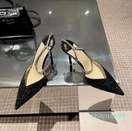 Dress Shoes Sequin Rhinestone Chain Women High Heels 2023 Summer Brand Pointed Toe Stiletto Crystal Word Belt Banquet Sandals