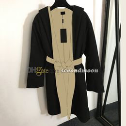 Women Reversible Wool Coat Letters Print Long Jacket Warm Hooded Woollen Jackets with Waistband