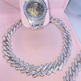 Luxury 18MM Baguette Cuban Link Chan Necklace Iced Out Bracelets 14k White Gold Icy Cubic Zirconia Hiphop Jewelry224G