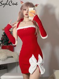 Party Dresses Christmas White Bow Decoration Design Sense Red Vitality Women'S Mature Sexy Hot Slim Fit Halter Knit Dress 230322