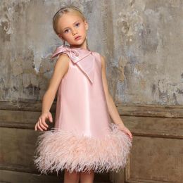 Girl Dresses 2023 Dress Pink Feather Princess Dres Flower Baby Birthday Party First Communion