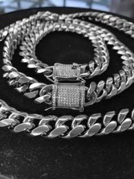 Miami Cuban Link Bracelet&Chain Set White Gold Stainless Steel With CZ Clasp