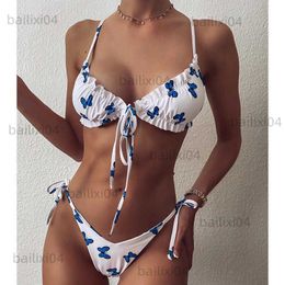 Women's Swimwear MYTENG Sexy Bandage Thong Bikinis Butterfly Print 2 piece set Swimwear women 2021 Mjuer New Push up Swimming Suit For Biquini T230417