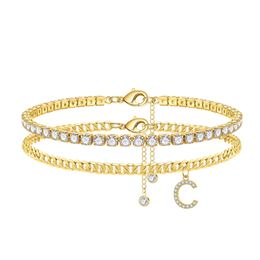 New Trendy 18K Yellow Gold Plated Bling CZ A-Z Letter Tennis Anklet Chains for Girls Women for Wedding Party Nice Gift