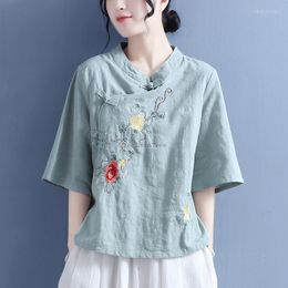 Ethnic Clothing 2023 National Style Cotton Women Blouse Chinese Stand-up Collar Short Sleeve Cheongsam Top Embroidery Clothes S116