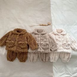 Pyjamas Winter Baby Sleepwear Pyjama Set 0-4Years Boy Girl Long Sleeve Cartoon Bear Plush Warm TopsPant 2PCS Loungewear Clothes 231117