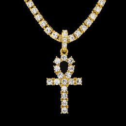 Egyptian Ankh Key of Life Necklaces Mens Iced out Bling crystal Cross Pendant Gold Silver Tennis chain For women Rapper Hip Hop Je189C