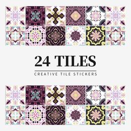 Tile Stickers 24pcs 15x15 DIY Retro Moroccan Bathroom Staircase Kitchen Tile Wall Stickers Self Adhesive Removable Waterproof Wallpaper 230417
