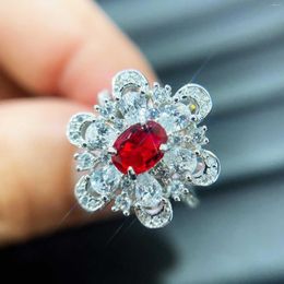 Cluster Rings Red Zircon Flower Real Amulets Designer Crystal Natural Women 925 Silver Adjustable Ring Talismans Luxury Chinese Jewellery