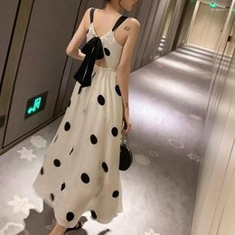 Casual Dresses Personality Dress Women Ankle-length Elegant Lace-up Backless Streetwear Holiday Empire Dot Summer Frill Black White