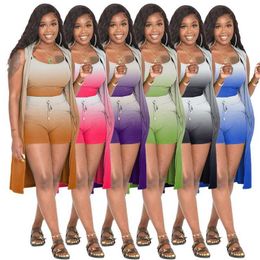 2023 Summer Designer Tracksuit Fashion Casual Shorts Suits Ladies Gradient Colour Sling Long Cape Pit Strips 3-piece Set