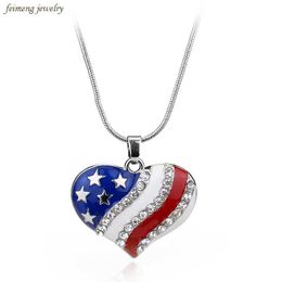 Pendant Necklaces USA Labour Day American Flag Enamel Blue Red Crystal Rhinestone Heart Patriotic 4th of July Independence Day Pendant Necklaces Z0417