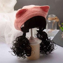 Kids Girls Knitted Beret Hat Long Hair Braid Wig Cap Autumn Winter Warm Fashion Outdoor Children Baby Hats And Caps L220728242F