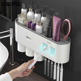 Wall-mounted Toothbrush Holder With 2 Toothpaste Dispenser Punch- Bathroom Storage For Home Waterproof Bathroom Accessories 21300S