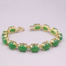 Link Bracelets Real Jade Gp Bracelet 18K Gold Plated For Women Zircon Shiny Heating Jewellery Alloy Green Jadeite 18.5cmL