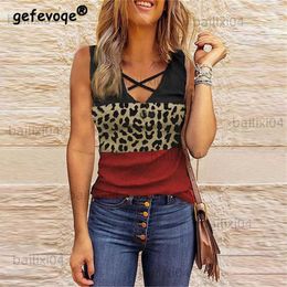 Women's Tanks Camis Sexy V Neck Hollow Leopard Print Patchwork Sleeveless Tank Tops 2023 Summer Women's Casual Streetwear Slim Vest Camisole Clothes T230417