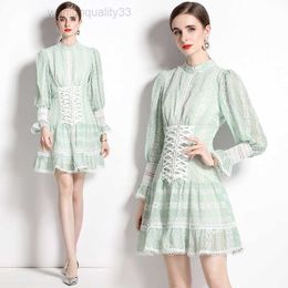 Long Sleeve Mini Dress for Women France Vintage Embroidery Slim Ruffle Flare 2023 Autumn Stand Collar Vacation Runway Fit Party Frocks