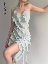 Casual Dresse Sexy Pleated Ruffles Halter Suspenders Dress Fashion V Neck See Through Midi Swimwear 2023 Summer Slim Party Vestidos 230417