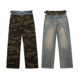 Men's Jeans Firmranch Vintage Camouflage Stitching Straight Casual Double-Waist Denim Pants For Men Women Wash Baggy