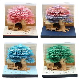 Vases Romantic Treehouse 3D Memo Pad Paper Carving Art Notepad With LED Lights Home Decoration Ornaments Sticky Notes 2024 Calendar 231116