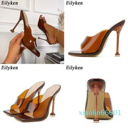 Sandals Brand Fashion Square Toe Slippers Women Summer Brown Pvc Transparent Jelly Sandals Crystal Perspex Heels Pumps 230316