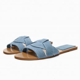 Slippers TRAF Blue Denim For Women Summer Flats Sandals Rounded Toe Casual Slides Female Beach Slipper Flat Shoes 230417