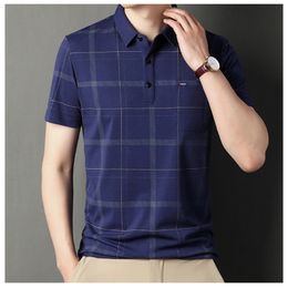 Men's Polos Men's T-shirt Short Sleeve Summer Turn-down Collar Striped Printing Pockets Button Embroidery Plaid Polo Tee Fashion Casual Tops 230417