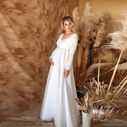 Maternity Dresses Baby Shower Dress for Women Pregnant Woman Maternity Gown Pregnant Women V-Neck Long Sleeve Lace European and American White 230417