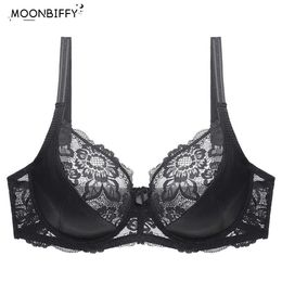 Bras New Lace Perspective Bra Women Sexy Lingerie Underwire Embroidery Floral Bralette Large Size C D E 80 85 90 95 100 105 P230417