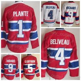 Men Retro hockey''nHl'' 4 Jean Beliveau Jersey Vintage Classic 1 Jacques Plante 5 Bernie Geoffrion 9 Maurice Richard CCM Team Colour Red White All