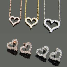 Designer Jewellery Women Diamond Heart Pendant Necklaces Rose gold Earrings Suits Never Fading Stainless Steel 3 Colours Silver Golde248r