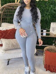 Women's Two Piece Pants Autumn Outfits Streetwear Jumpsuit Women Long Sleeve Bodycon Rompers Grey Soild elastic Fitness Overalls 2023 231117